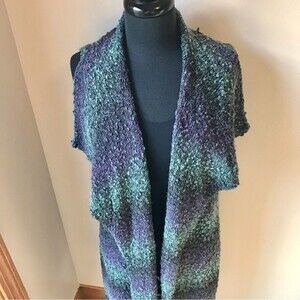 CHICOS Shawl Collar Duster Striped Chunky Knit Purple Green Open Front